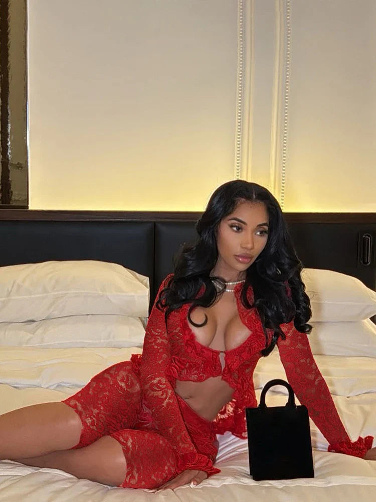 Jacquard Sexy Women 2 Piece Set Coquette Full Sleeve Ruffles Crop Tops+Bike Shorts Outfit