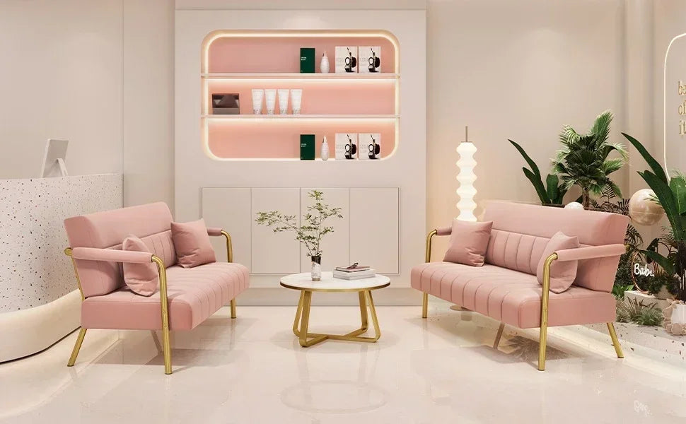 Modern Loveseat 2 Seater Sofa Luxurious Velvet Fabric Couch with Gold-Tone Metal Arms and Legs for Bedroom, Studio Pink 56.5" W