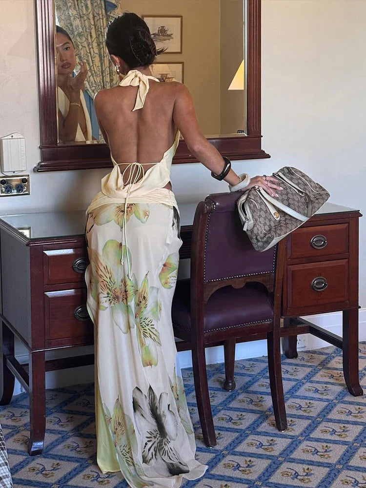 Women 3 Piece Set Stack Trend Halter Tops+Split Tassel Tassel+Flowers Mesh Skirts Matching Set