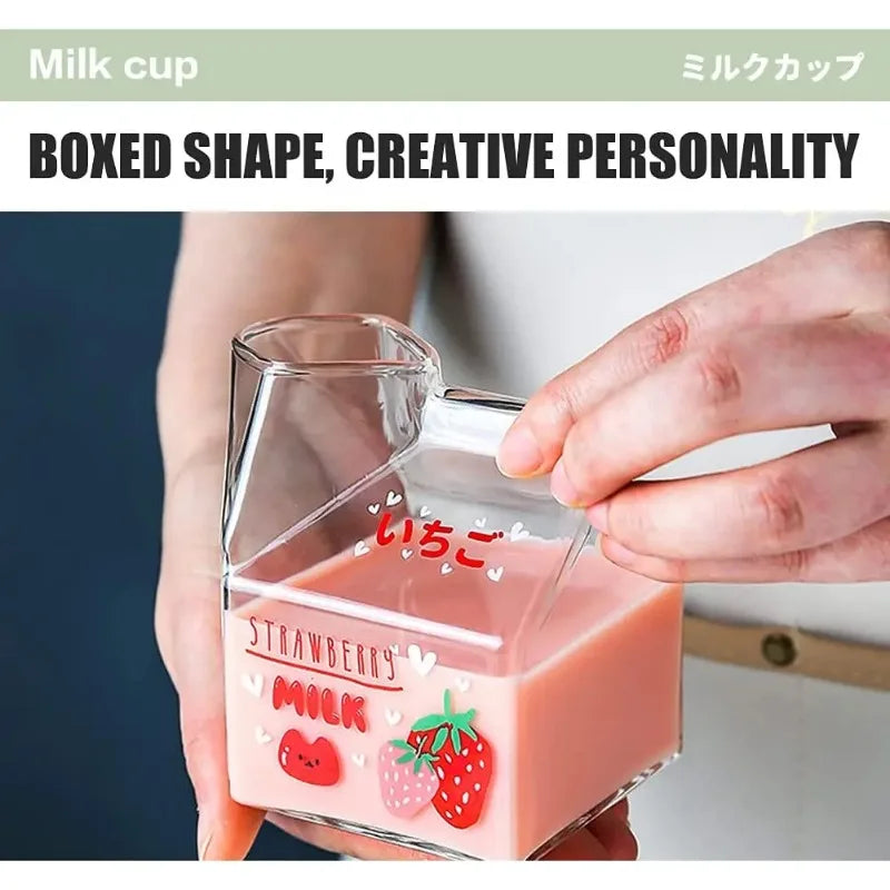 Square Glass Cup Heat Resistant Cute Cartoon Cup Kawaii Milk Juice Mug Bottle Box 380ml
