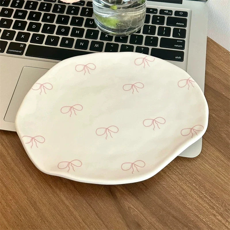 Cute Bowknot Kawaii Ceramic Plate For Cake Food Dinner Breakfast Ins Dessert Salad Decorative Dish 8 inch