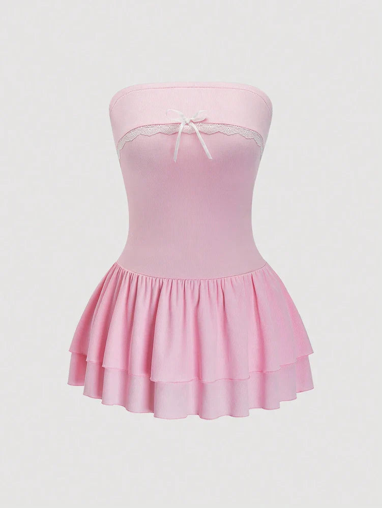 Plus Size Contrasting Lace Ruffle Hem Tube Dress Y2K Clubwear Fake Day Dresses Women's Mini Short Women's Sets