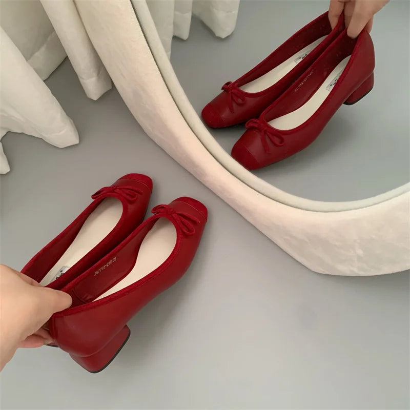 Fashion Elegant Red Ballerinas Women Pumps Slip on Loafers Round Toe Square Heels Bowknot Low Heel Shoes