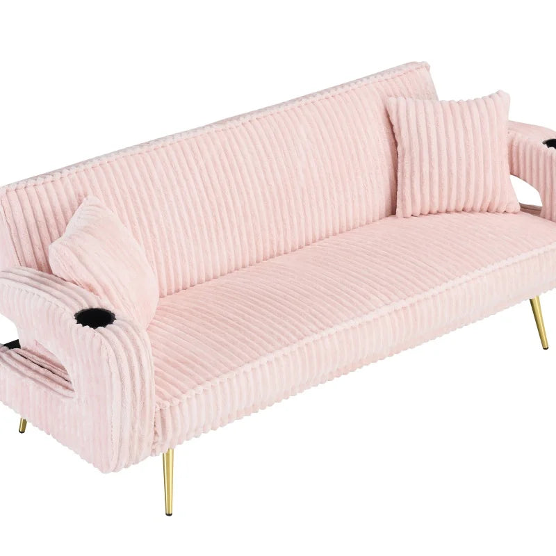 Dreamy Adjustable Pink Sofa Bed with Cup Holders Modern Comfort Corduroy Lounge Couch for Living Room Home Minimalist Loveseat