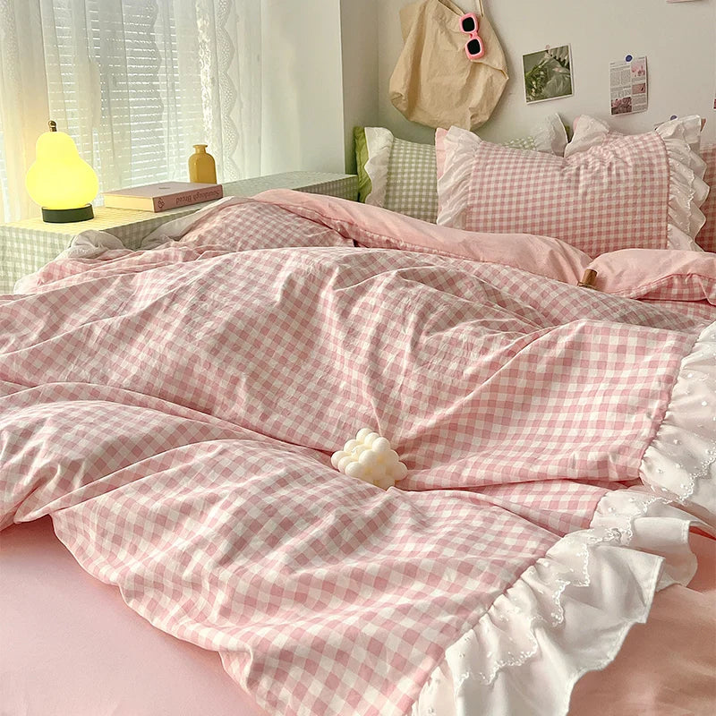 Plaid 3pcs Printed Bedding Set Lace Duvet Cover And 2pcs Pillowcases (no padding)