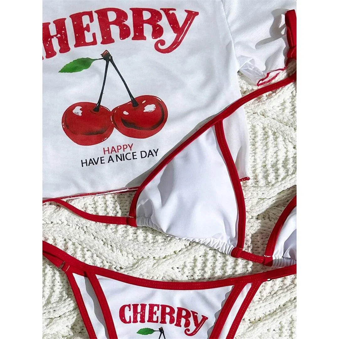 Cherry Printed Short Sleeve Bikini Female Swimsuit Women Swimwear Three-pieces Bikini Set
