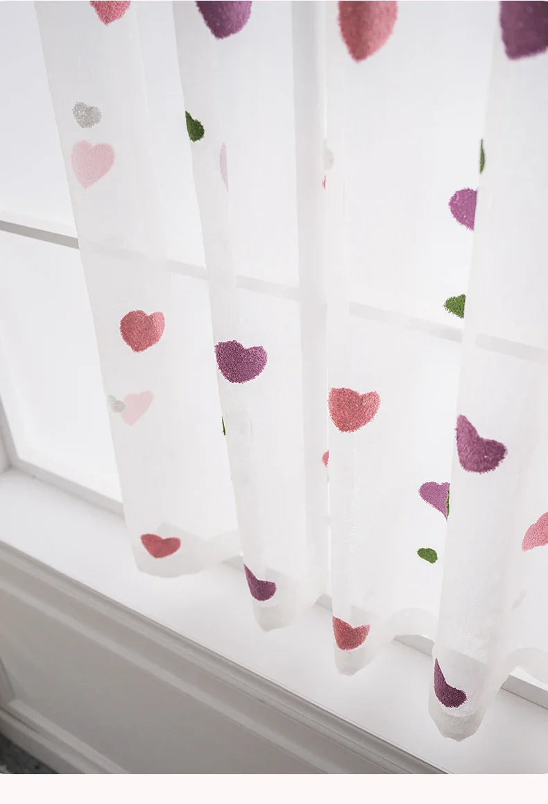 Lovely Cartoon 3D Pink Heart Embroidery Tulle For Girl Bedroom Cute Lovely Sheer Curtains Drapes