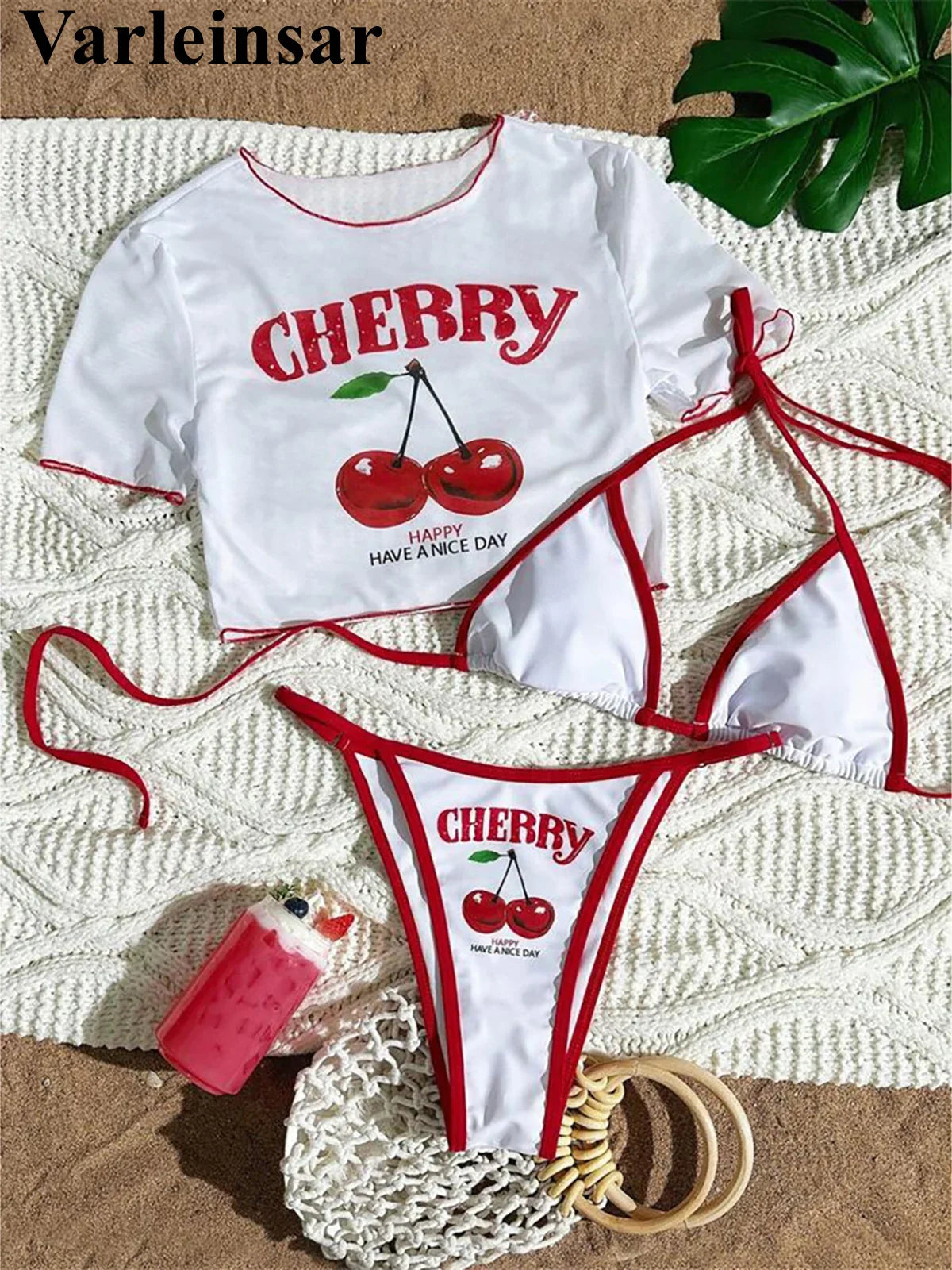 Cherry Printed Short Sleeve Bikini Female Swimsuit Women Swimwear Three-pieces Bikini Set