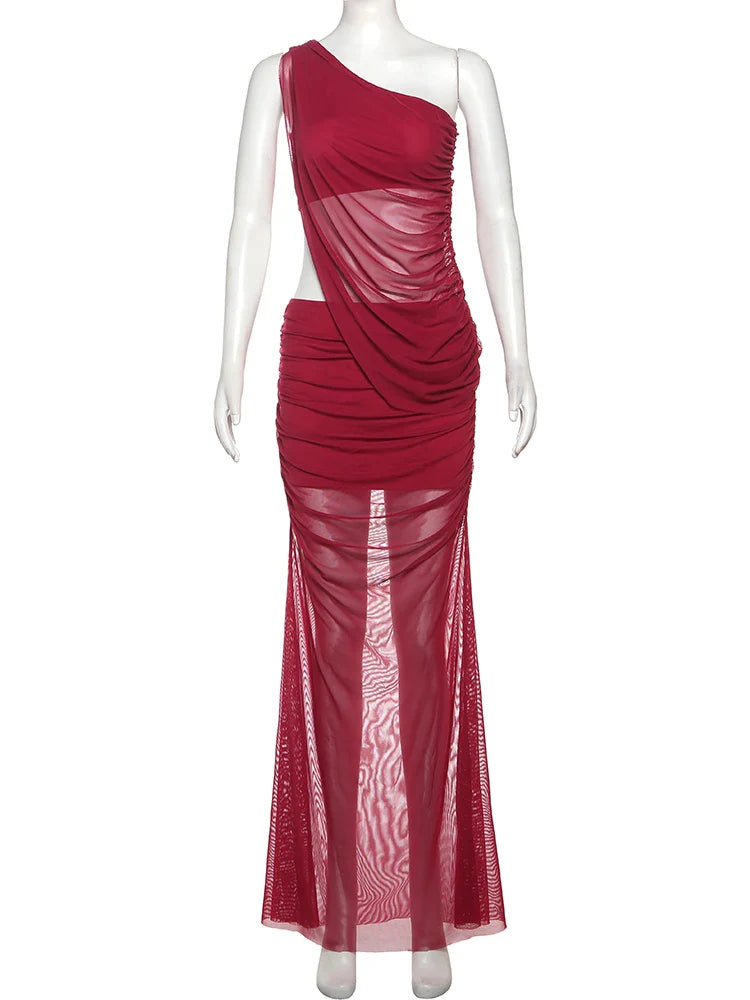 Irregular 2 Piece Set Women Double Deck Mesh Diagonal Collar Tank Top+Ruched Maxi Skirts Matching Outfit