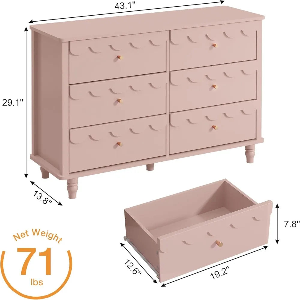 Girls Fluted Petal Scalloped Organizer Storage with Drawers, Pink 6 Drawer Dresser for Bedroom, Modern Wide Chest of Drawers
