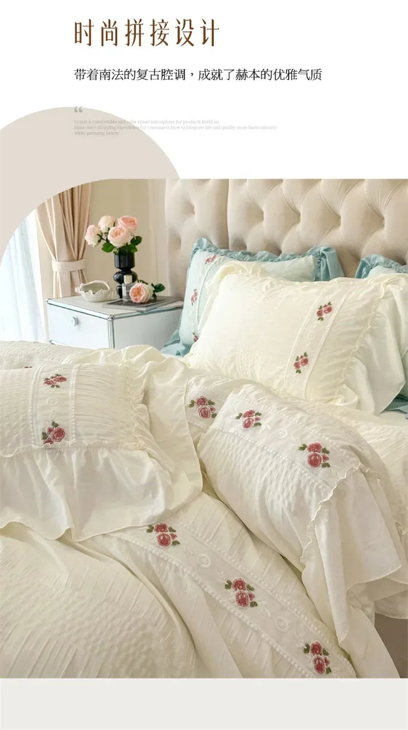 French Embroidered Lace Bubble Gauze Bedding Set Elegant Princess Style Duvet Cover Set Ruffled Comforter Cover Sets