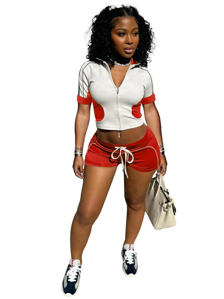 Women Sets Outfit Summer Streetwear Panelled Two Tone Slim Sports Short Sleeve Shorts Suits Zip Crop Tops Casual 2 Two Piece Set