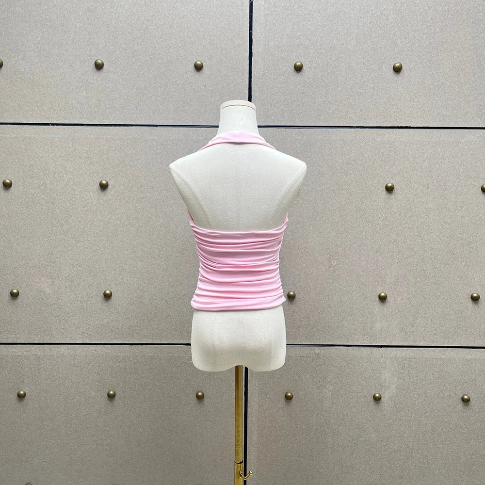 Handmade Floral Pink Women Sexy Backless Elegant Neck Sleeveless Tank Top