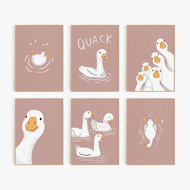 Set of 6 Cartoon Animals Powder Pink Goose Poster Print Wall Art Pictures Canvas Painting Living Room Bedroom Home Decor
