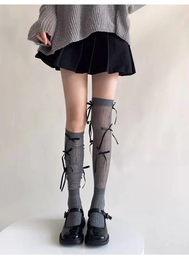 Sweet Lolita Style Stockings Students Fashion Basic Bowknot Knee-high Socks Cotton Fabric Women Mid-calf Sock