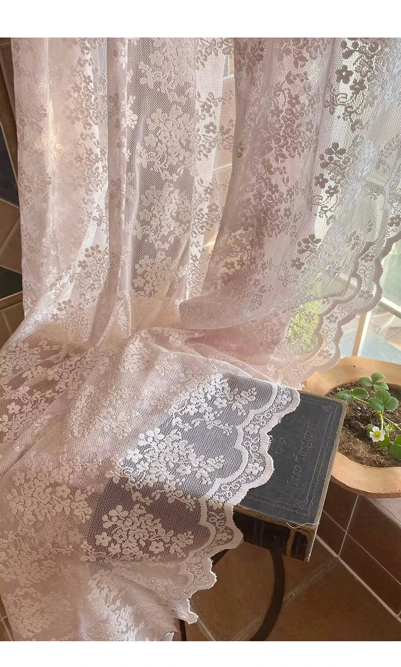 Flower Pink Sheer l French Romantic Jacquard Lace Macrame Tulle Curtain