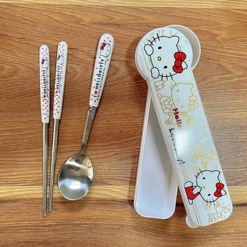Sanrio Hello Kitty Kitchen Tableware Stainless Steel Chopsticks Spoon Fork Portable Dinnerware Set