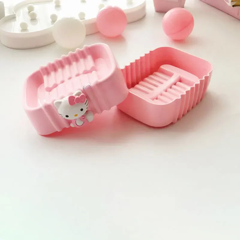 Sanrio Kawaii Hello Kitty Soap Tray Cartoon Soap Dish Non-slip Drain Travel Home Bathroom Soap Box Bathroom Accessories