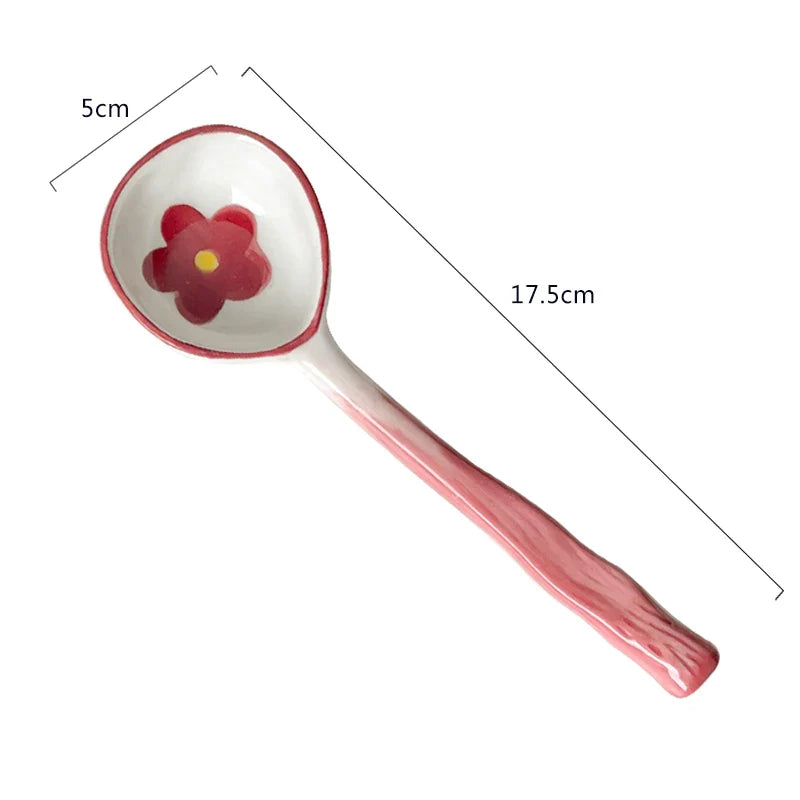 Kawaii Cute Ceramic Flower Spoon Hand Painted Dessert Spoon With Long Handle