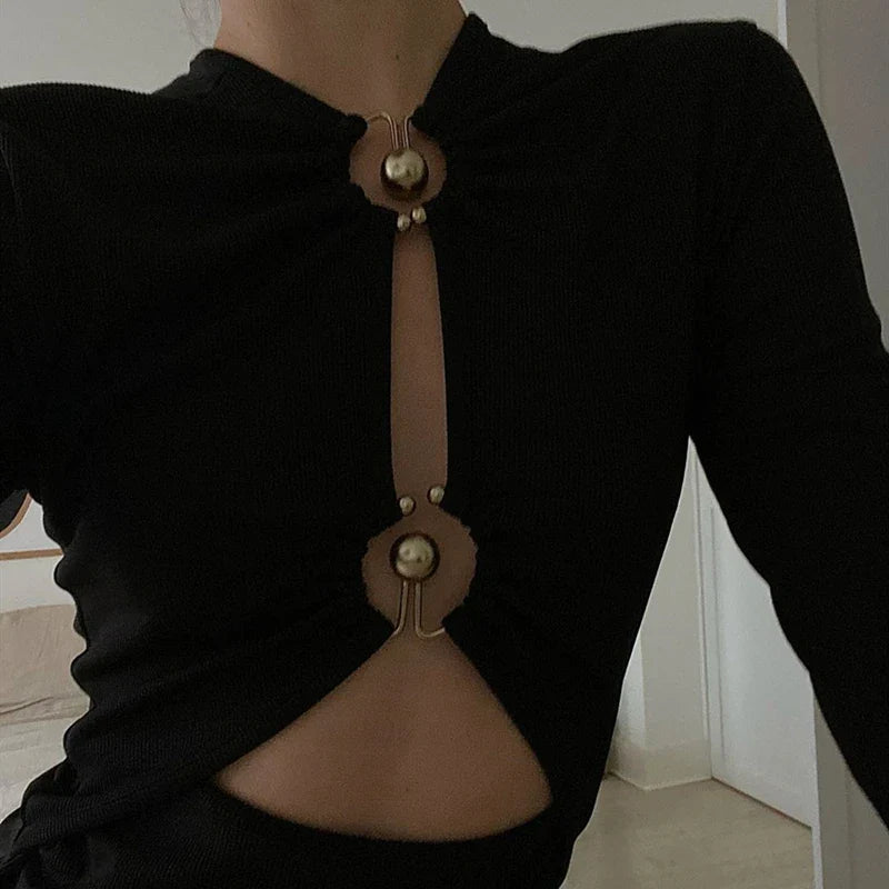 Sexy Hollow Out Long Sleeve Bodysuit Metal Ring Connection Fashion Folds Women Bodice Black Bodycon Top