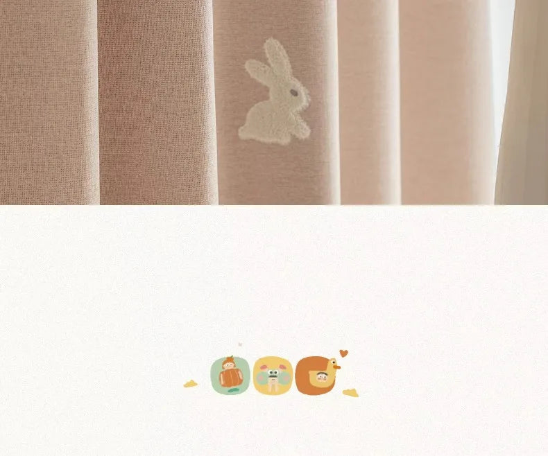 Pink Cartoon 3D Embroidered Rabbit Blackout Curtains for Living Room Bedroom Girls Room Sticky Chenille Drapes Home Decor