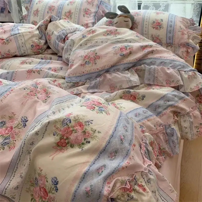 Princess Floral Bedding Set Washed Cotton Vintage French Flowers Lace ruffles Duvet Cover Set Pillowcase