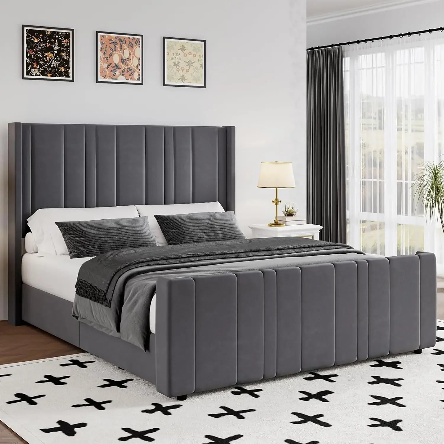 Soft Velvet Upholstered Bed Frame with Vertical Channel Tufted Wingback Headboard & Tall Footboard
