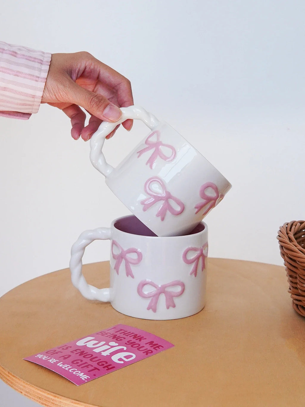 Pink Bow Ceramic Mug, Twist Handle Ceramic Mug, Exquisite and Simple Pink Embossed Mug