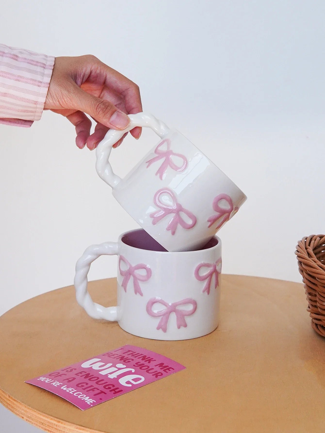 Pink Bow Ceramic Mug, Twist Handle Ceramic Mug, Exquisite and Simple Pink Embossed Mug