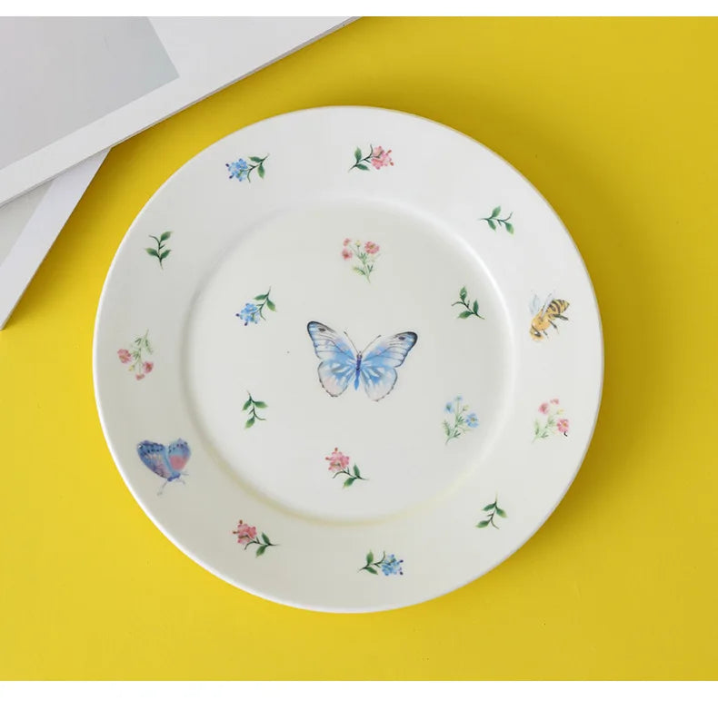 Garden Dragonfly Ceramic Dish Exquisite Round Ceramic Breakfast Dessert Plate Home Dish Plate High Temperature Resistant