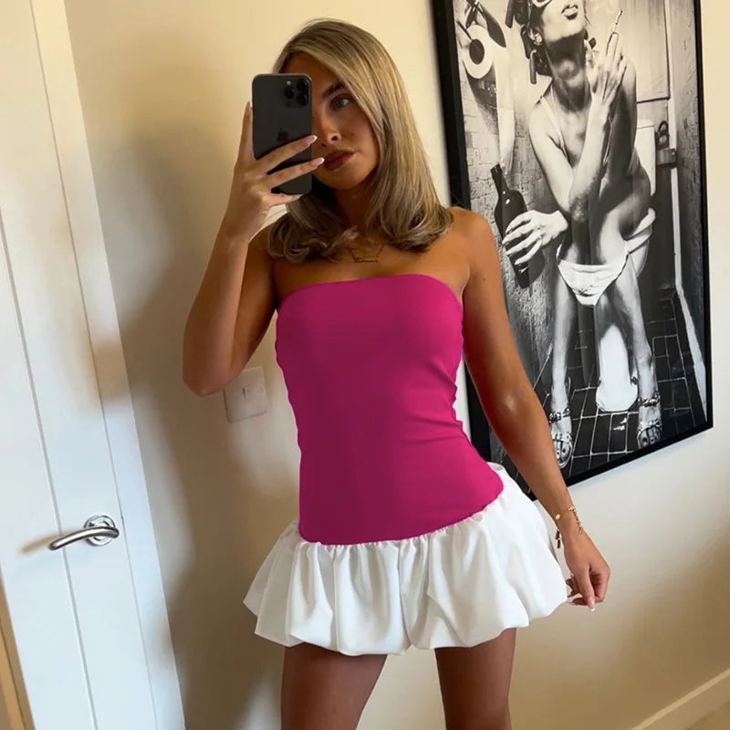 Contrast Color Mini Folds Dress For Women Strapless Sexy Slim Sleeveless Ruched Splice Y2K Beach Female Club Party Dress