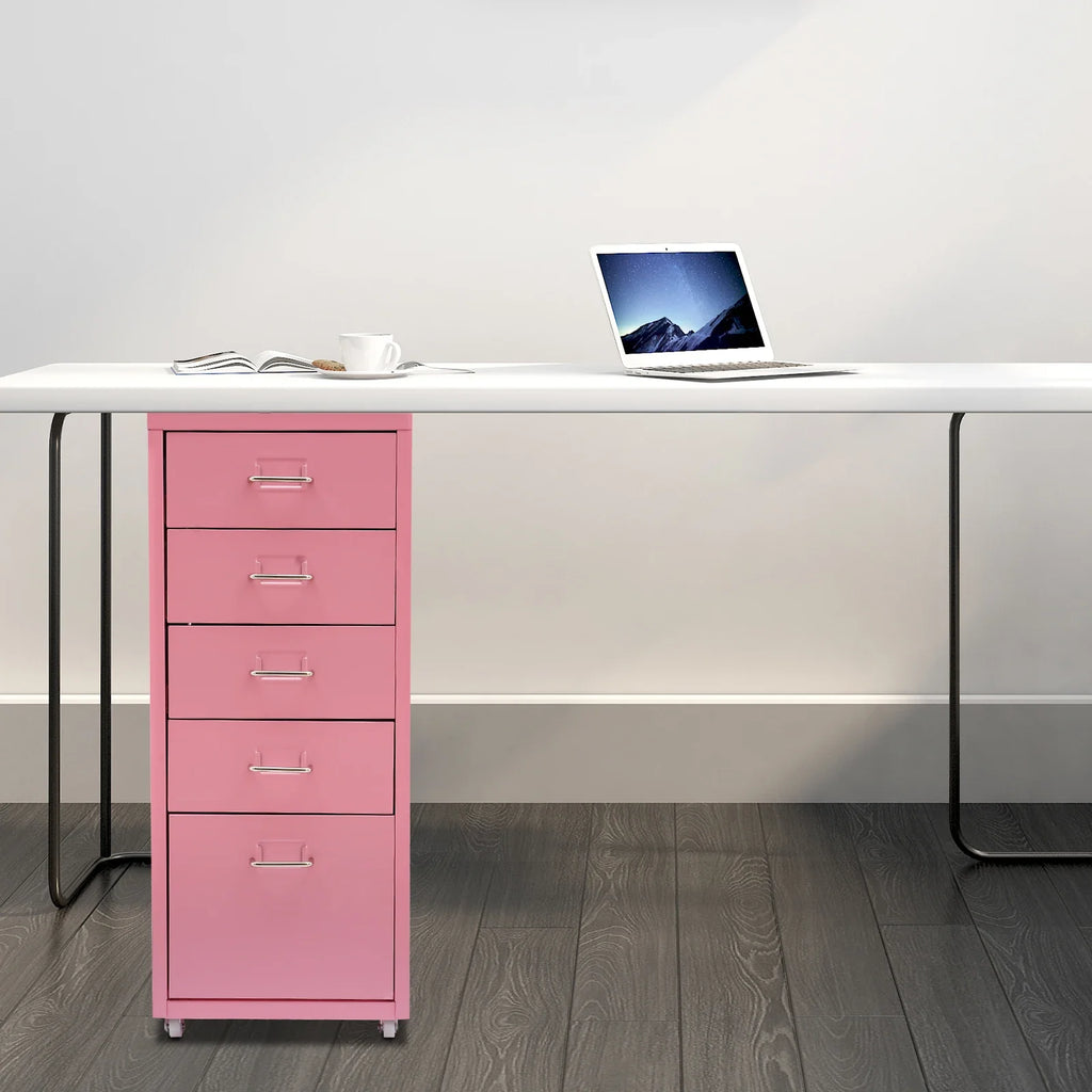 Tall Pink File Cabinet on Wheels 5-Drawer Storage Cabinet Home Furniture for Kitchen, Bedroom, Office, Study | 27 Inch