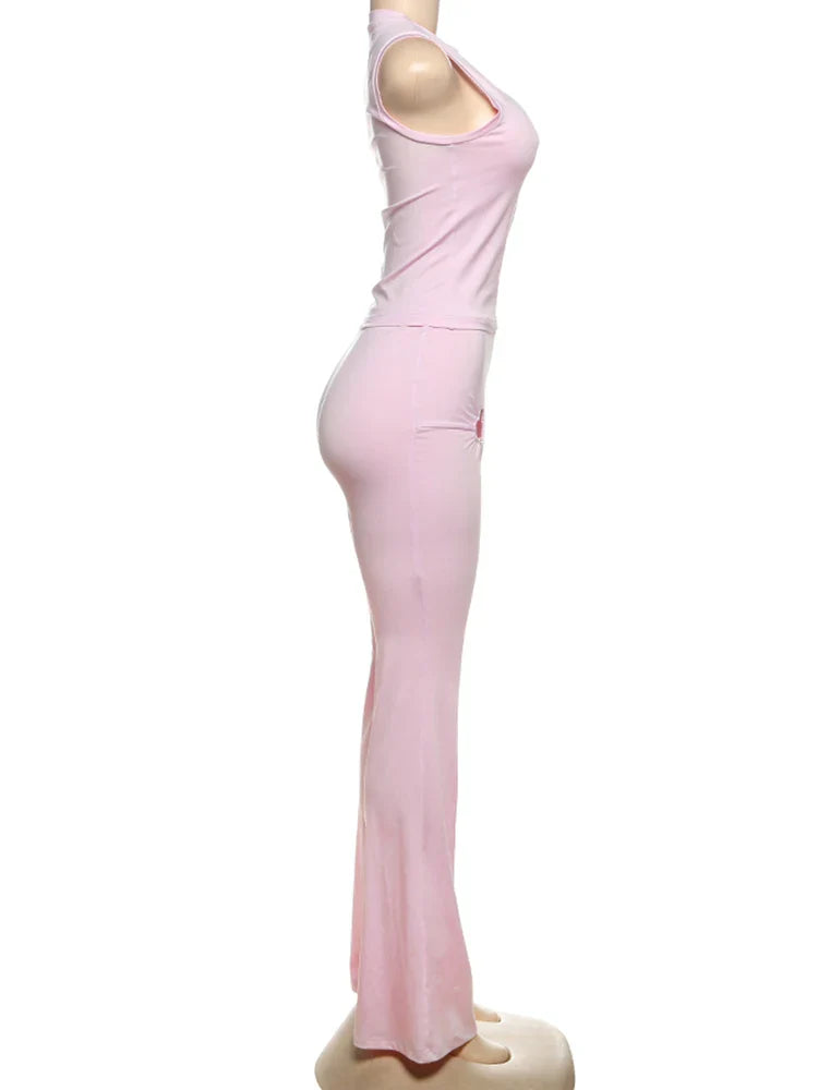 Heart Hollow 2 Piece Set Women o-Neck Sleeveless Tops+Skinny Stretch Pants