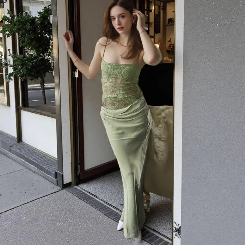 Elegant Sling Patchwork Dress Women Slim See Through Sleeveless Fold Long