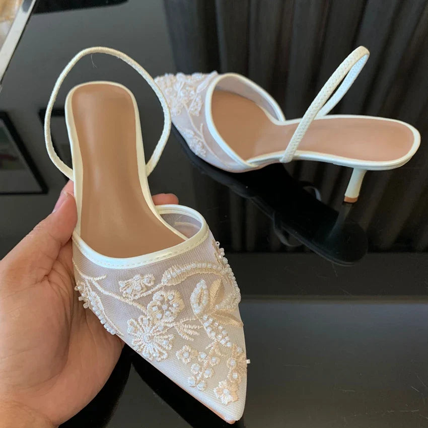 Brand Designer White Women Pumps Mesh Embroidered Flowers Back Strap Sexy Slingback High Heels