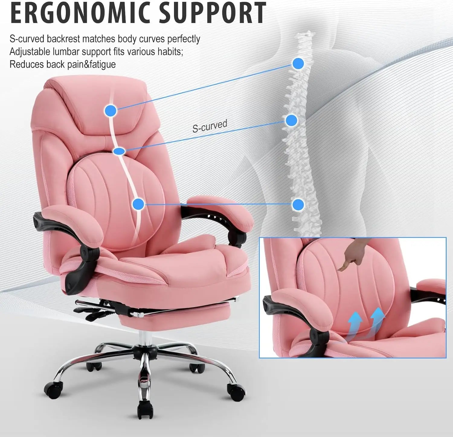 Ergonomic Recliner Executive Chairs With Footrest Back Support Wide Seat Comfortable Padded Reclining Chairs Pink 350 lbs