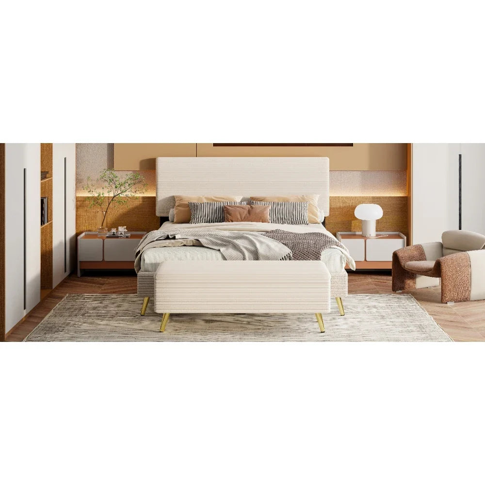 Pink 2 Pieces Bedroom Sets Queen Size Upholstered Bed Frame, Modern Corduroy Storage Ottoman