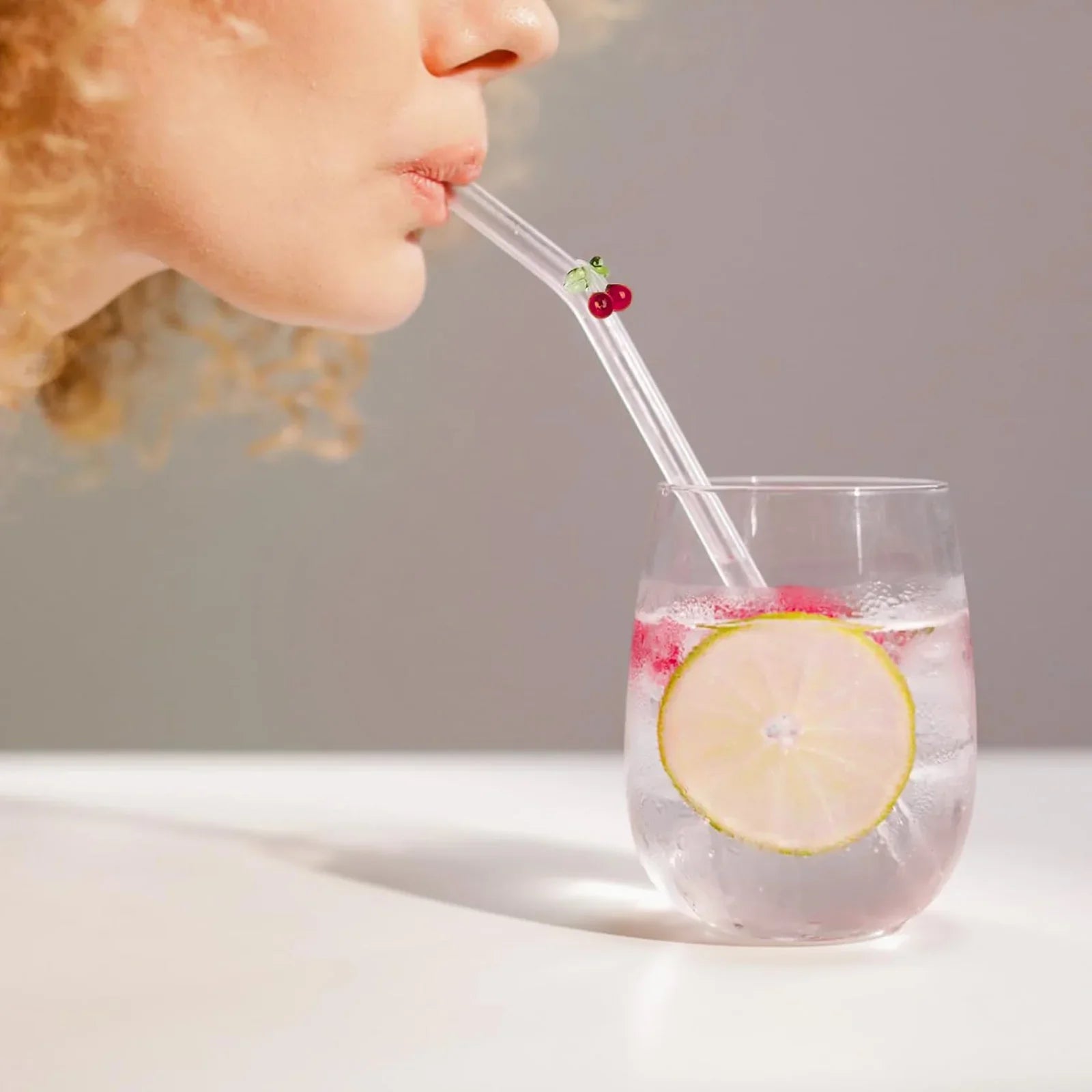 Cherry Design Reusable Straws Clear Glass Straws Colorful with 1 Cleaning Brush