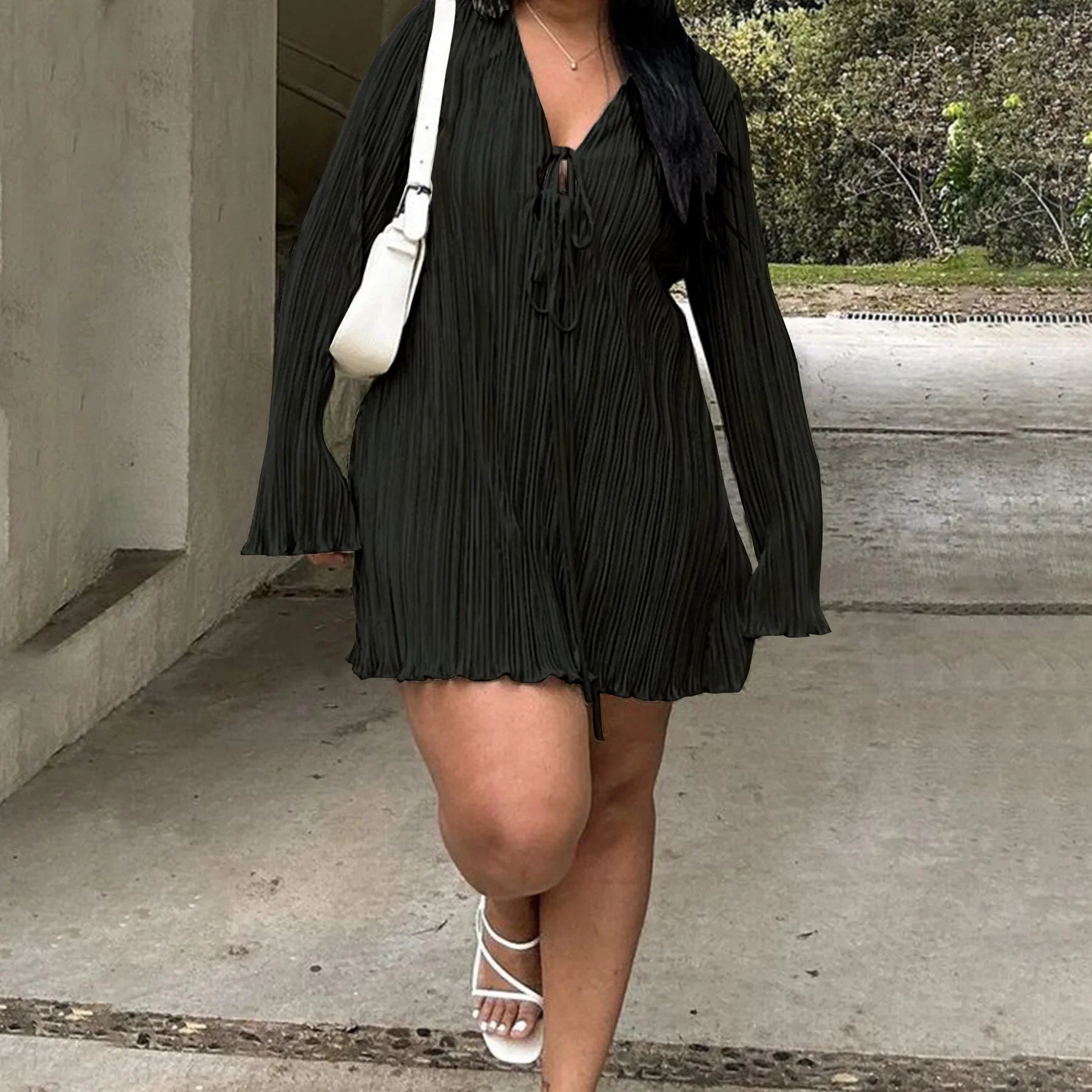 Long Sleeve Women V-neck Pleated Dress Casual Streetwear Plus Size Mini Dresses Party Casual