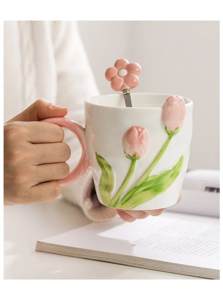 Tulip Flower Ceramic Mug Three-dimensional Design Creative Girl Heart Cup