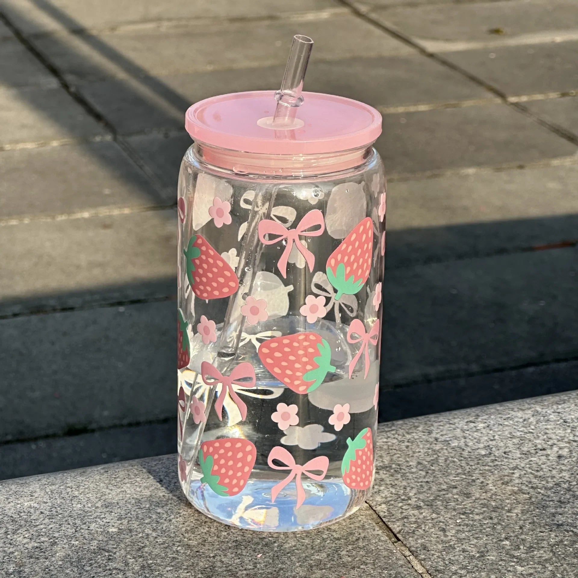 Cute Bow Glass Cup Tumbler Mason Jar Shaped With Lids & Straw