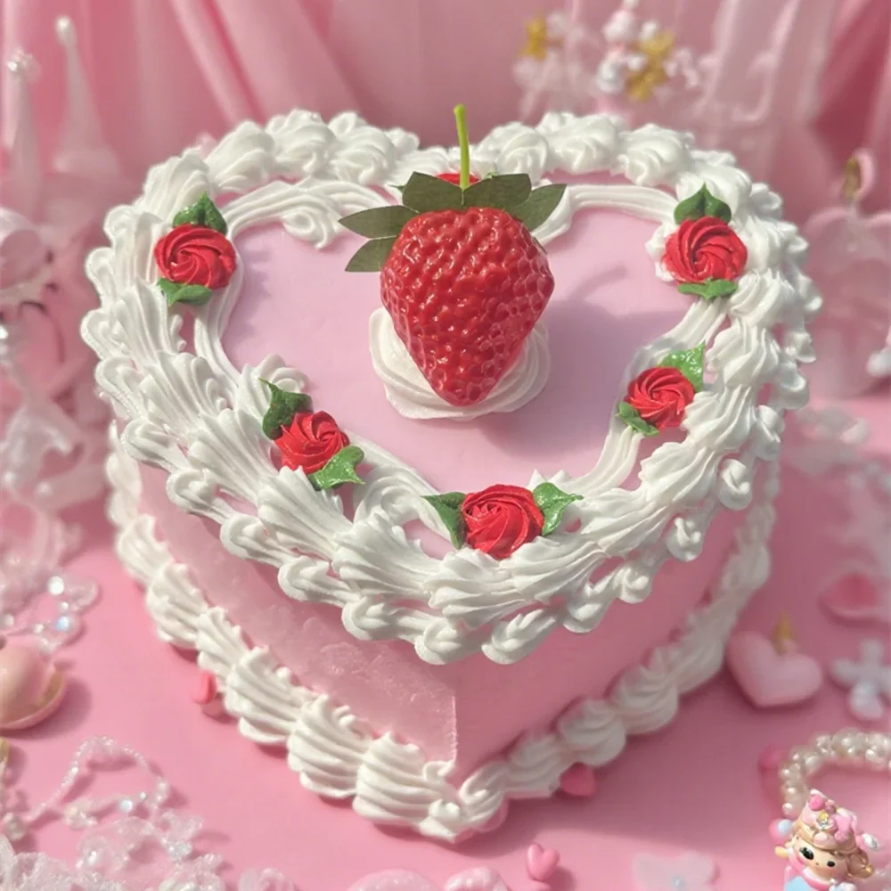 Lifelike Strawberry Cream Design Vibrant Pink Box Themed Photoshoots Jewelry Gifts Props Fake Cake Trinket Case Sweet Style