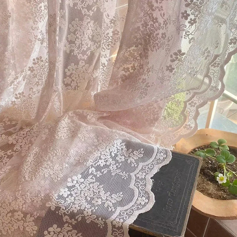 Flower Pink Sheer l French Romantic Jacquard Lace Macrame Tulle Curtain