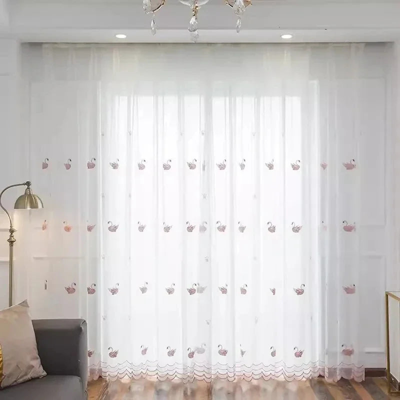 Pink Swan Embroidered Curtain, Sheer Tulle Curtains for Home Decoration Voile Drapes