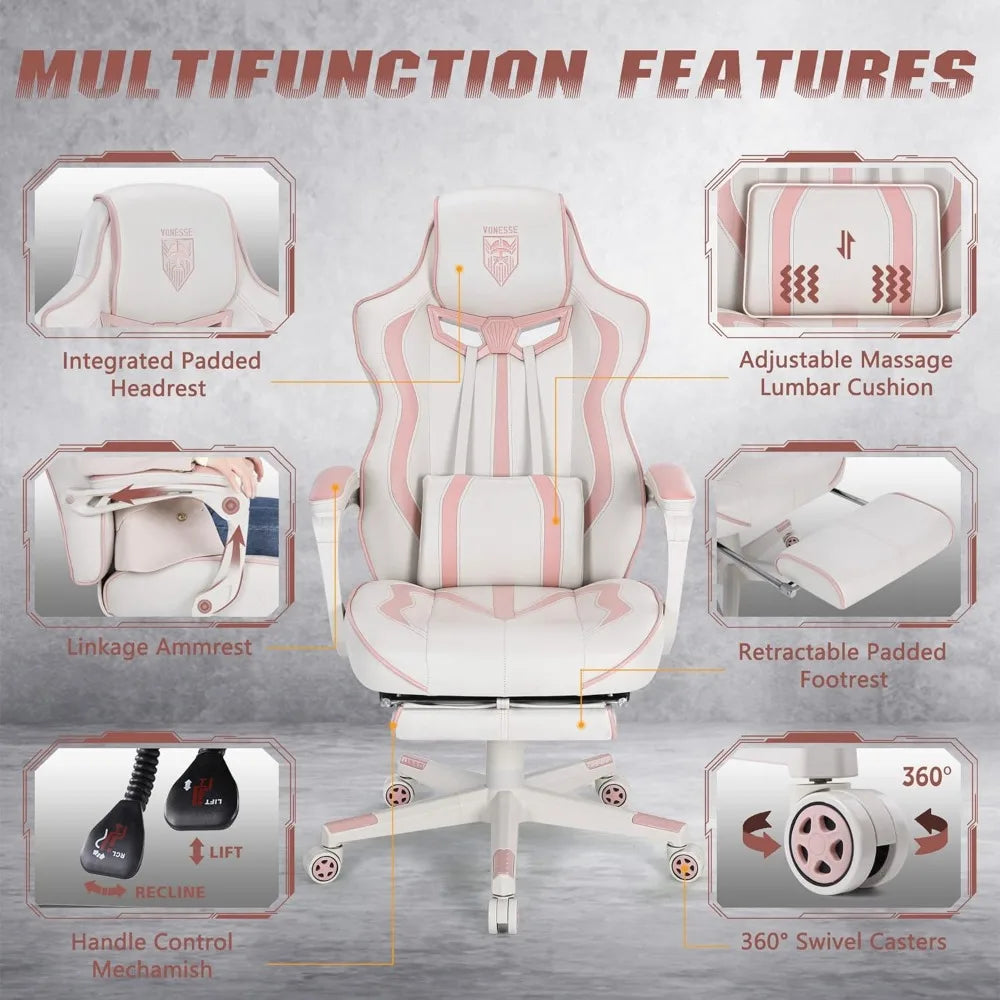 Pink Gaming Chair for Girls, Pink Computer Gaming Chairs for Adults, Reclining Gamer Chair with Footrest with Massage, Ergonomi