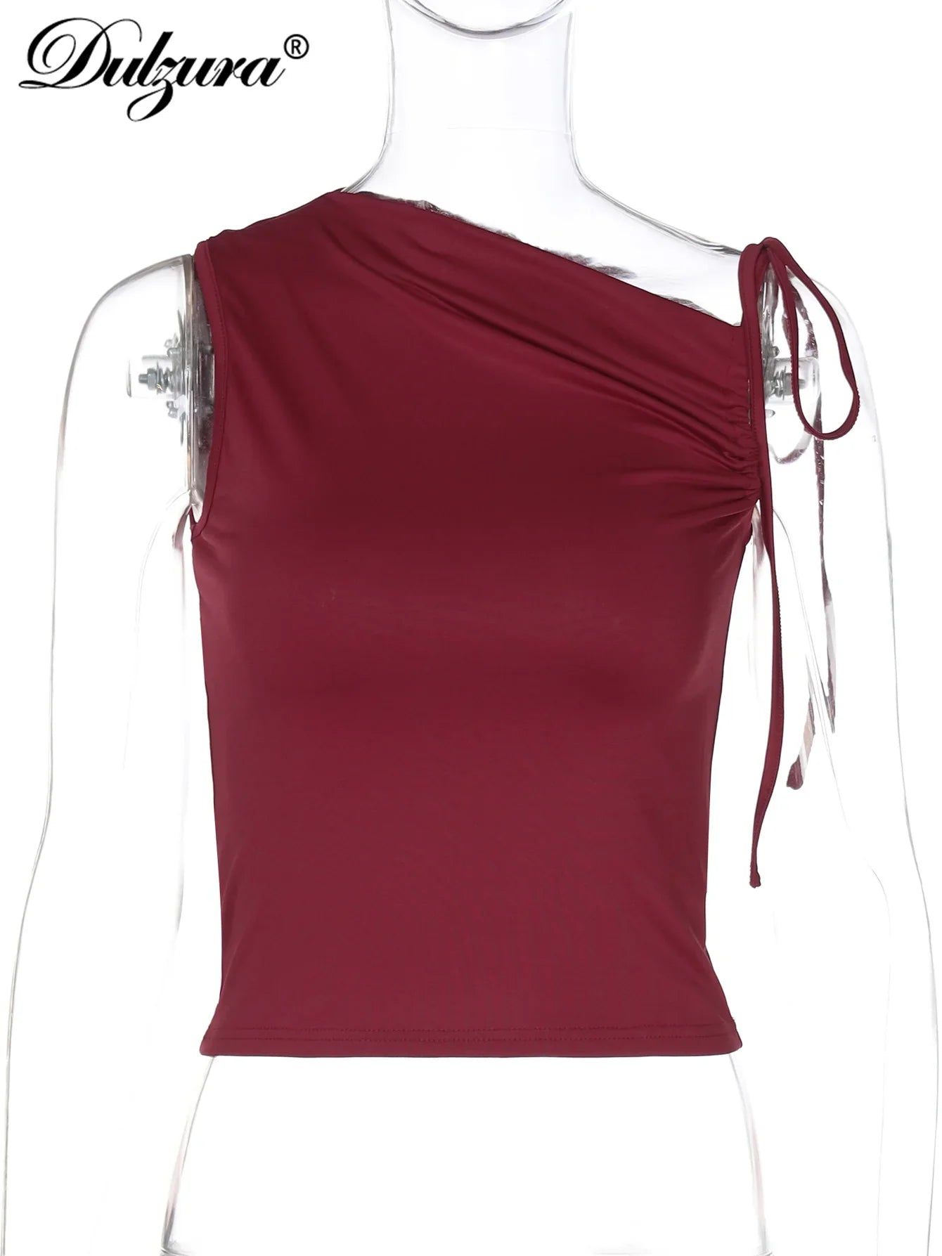 Sleeveless Skew Collar Ruched Lace Up Bodycon Crop Top Sexy Elegant l