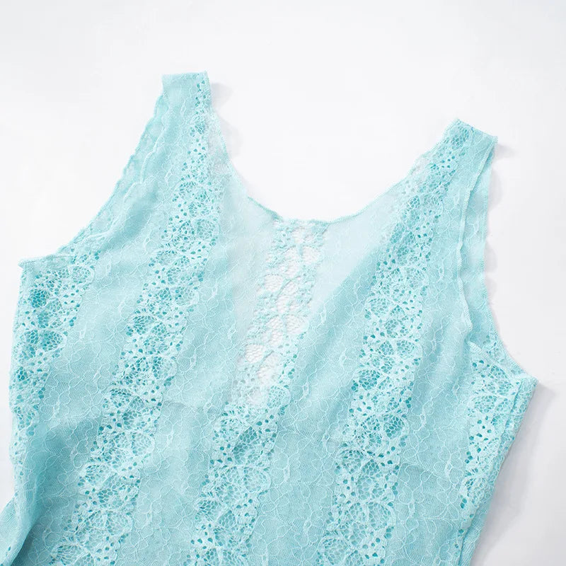 Woman Clothes Lace Tank Tops Sexy Deep V-neck See-through Sleeveless Blue T Shirt Female Corset Crop Top Party Clubwear