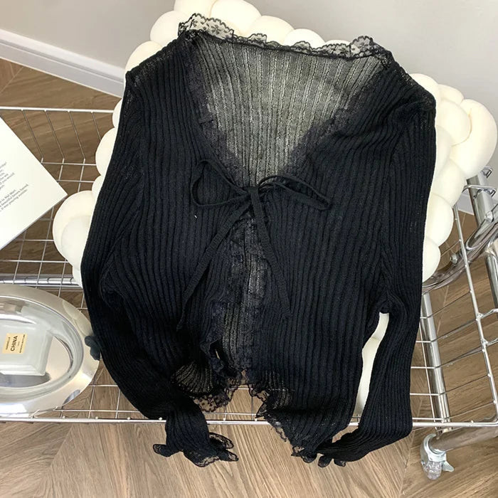 Lace Knitted Cardigans Long Sleeved Short Lace-Up Thin Shawl