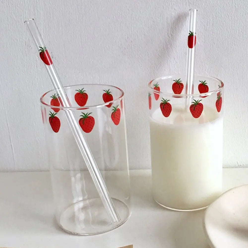 Strawberry Cute Glass Cup With Straw Creative Transparent Water Cup Student Milk Heat Resistant Glass 300ml