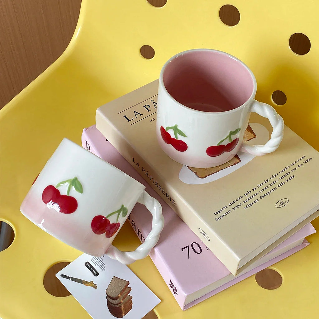 Pink Cherry Ceramic Mug, Twist Handle Ceramic Exquisite Pink Gradient Cup